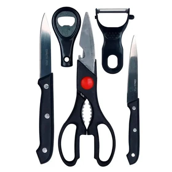 Kit 5 Utensílios de Cozinha Preta Facas Tesoura Multifunção Descascador de Legumes Abridor de Lata