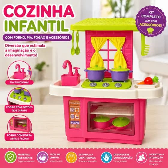 Cozinha Infantil Completa com Forno Pia Fogão e Acessórios Brinquedo Educativo Kit Cozinha Criança