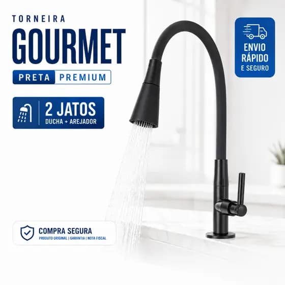 Torneira Bancada Pia Cozinha Gourmet Preta Flexível 2 Jatos 1/4 de volta para Mesa e Mármore