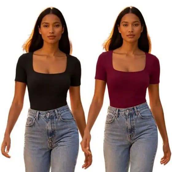 Kit 2 Body Feminino Manga Curta Decote Quadrado Verão Básico Liso Suplex Blusa Tendência Casual