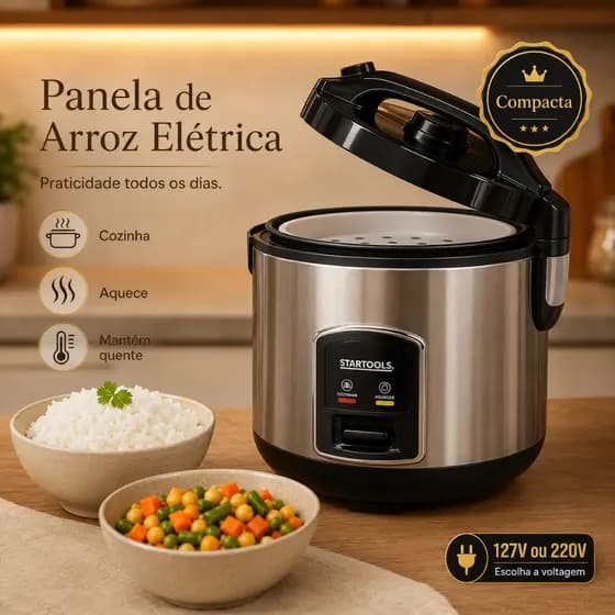 Panela de Arroz Legumes Elétrica Compacta 400W Inox Antiaderente 127V ou 220V com Acessórios Preta
