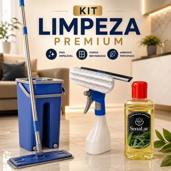 Kit Limpeza Premium Flat Mop Balde 5L Lava Seca e Rodo Limpa Vidro e Limpador Perfumado Concentrado