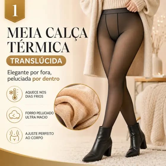 Meia Calça Térmica Feminina Forrada Peluciada Slim Fit Preta Translúcida Tamanho 32x99cm Segunda Pele Inverno