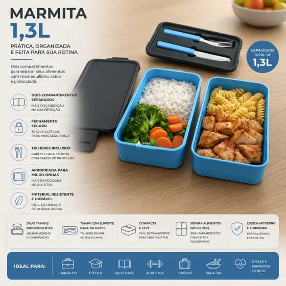 Marmita Térmica Com Talheres e Divisória Dupla 1,3L Pote Fitness Comida Refeição Almoço Dieta Trabalho Academia Unitermi