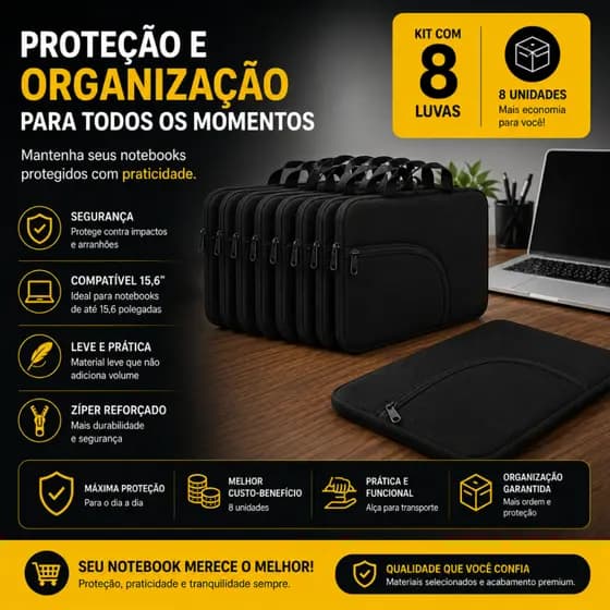 Luva Notebook 15,6 Kit 8 Unidades Proteção Antirrisco com Alça e Bolso para Acessórios