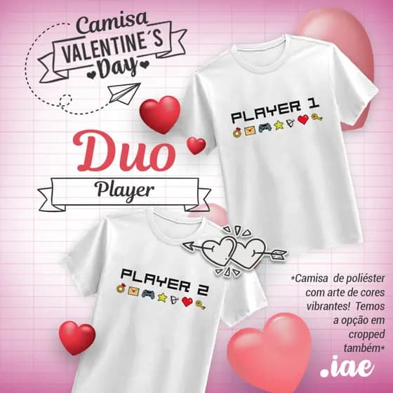 Kit 2 Camiseta Branca Basica Videogame Player 1 e Player 2 DIA DOS NAMORADOS LOVE Conjunto de Casal Estampa Exclusiva