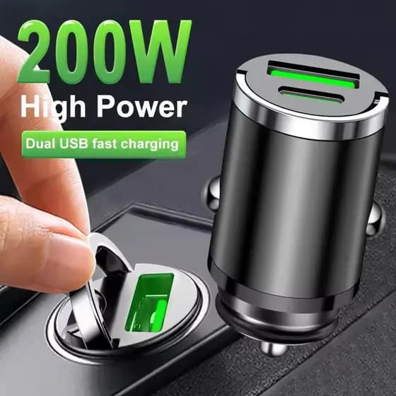 Carregador de Carro Fonte Veicular Turbo Mini 200W PD QC 3.0 USB C - 100W cada Entrada.