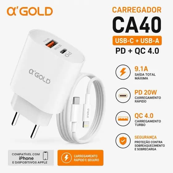 Carregador iPhone 20W Turbo PD QC 4.0 α'GOLD CA40 C/ Cabo Lightning