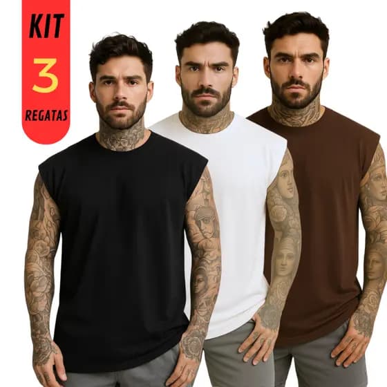Kit 3 Camiseta Regata Oversized Masculina Academia Machão Treino Longline Lisa