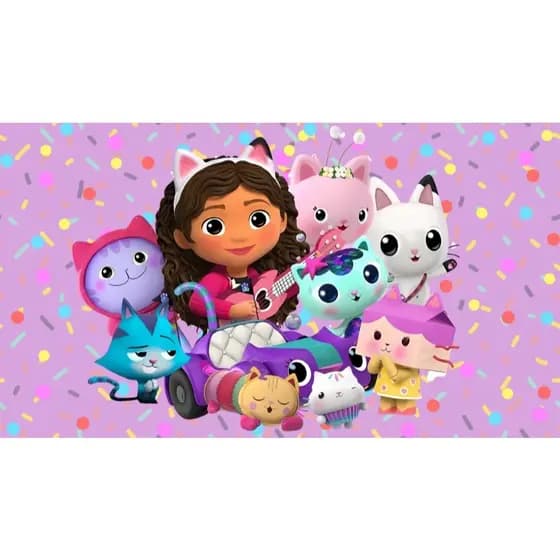 Painel Gabby lilás retangular de lona para decoração de festa de aniversário infantil. Várias medidas.