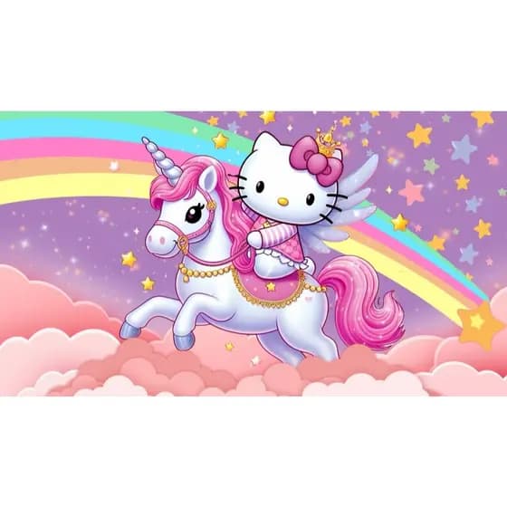 Painel Hello Kitty Unicórnio retangular de lona para decoração de festa de aniversário infantil. Várias medidas.