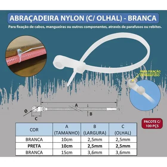 PACOTE COM 100 ABRAÇADEIRAS COM OLHAL 3,6x150MM