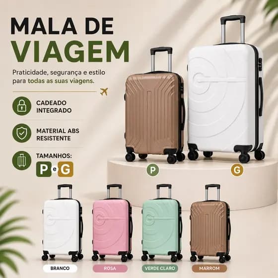 Mala de Viagem Bordo 10KG 32KG com Cadeado e Rodinhas 360°Giro Duplo Resistente Abs Bagagem Reforçada Pequena Grande