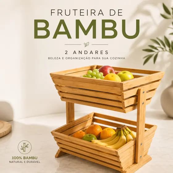 Fruteira De Bambu 2 Andares Organizador Cozinha Bancada Para Frutas Legumes Verduras Prateleira Organização Decorativa