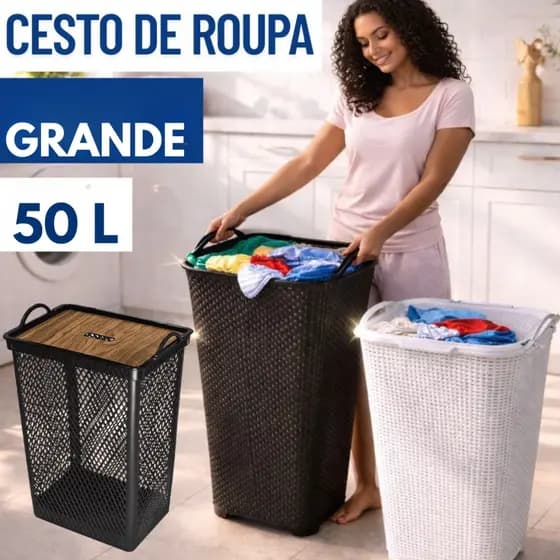 Cesto de Roupa Suja com Tampa 50L Grande Plástico Resistente para Lavanderia Banheiro Família