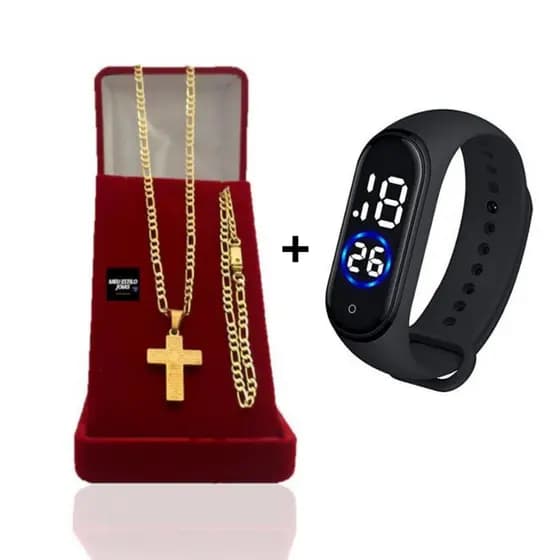 Corrente Masculina Banhado Ouro 3x1 (3mm)+ Pulseira Com Pingente Cruz Pai Nosso + Relógio Digital Prova Dagua