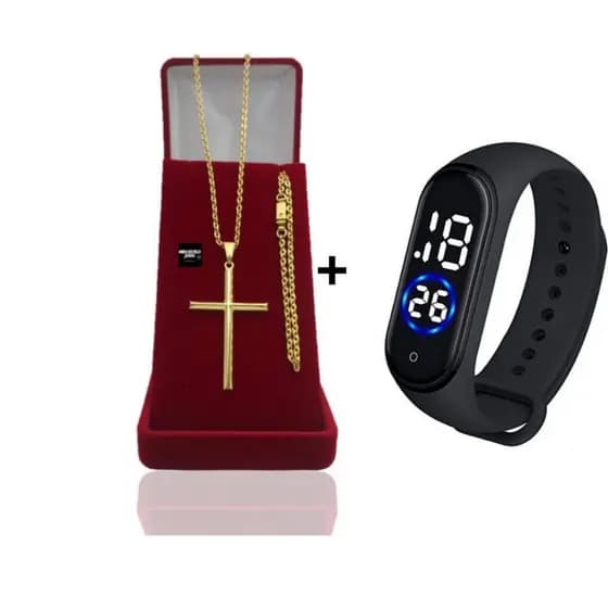Corrente Masculina Infantil Cadeado Banhado Ouro 2mm Pulseira e Pingente Cruz Palito + Relógio Digital Prova Dagua