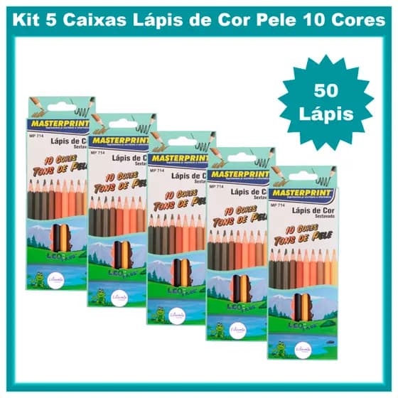 Kit 5 Caixas Lápis de Cor Pele 10 Cores Sextavado Artístico Atóxico Masterprint - 50 Lápis Escolar