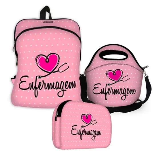 Kit Mochila + Lancheira + Necessaire - ISOPRENE - Enfermagem Rosa