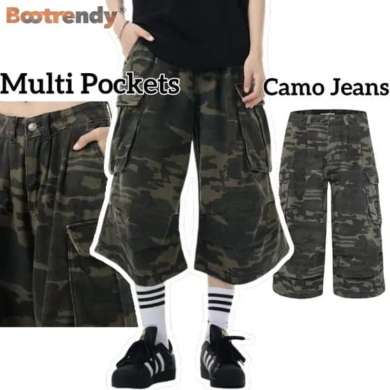 Bootrendy Masculino Camo Jeans Com Vários Bolsos 3/4 Comprimento Shorts Plissado Y2k Baggy Capri Calças Camuflagem Denim