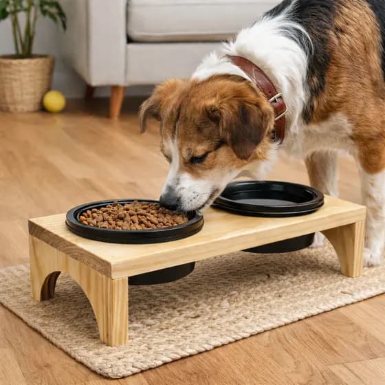 Comedouro Pet Madeira Pote Plástico 400ml Resistente Elevado Lindo
