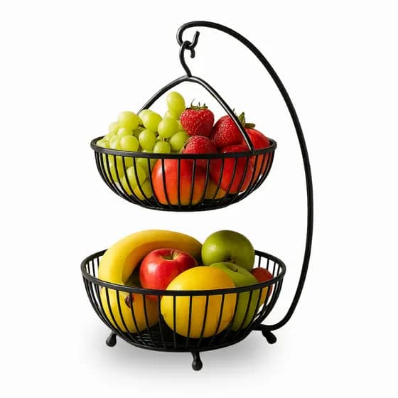 Fruteira Dupla de Mesa em Metal Preto – 2 Cestas Removíveis, Design Elegante para Cozinha e Organização de Frutas