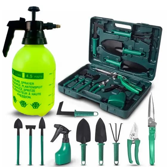 Kit Jardinagem Completo Pulverizador 2L Maleta com 11 Ferramentas para Jardim e Horta
