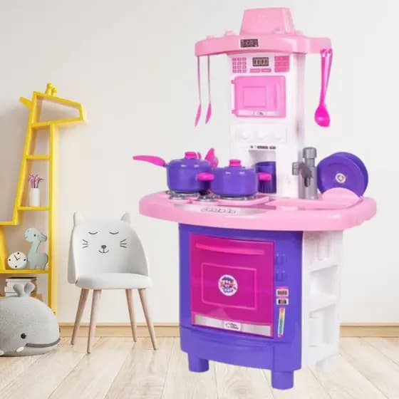 Cozinha Infantil Menina Completa Pia Fogão Forno Sai Água Cor Rosa