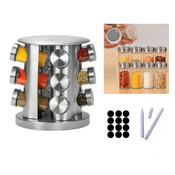 Dispenser Porta Tempero Giratório 360 Com 12 Potes Vidro Suporte Inox + Caneta + Adesivos