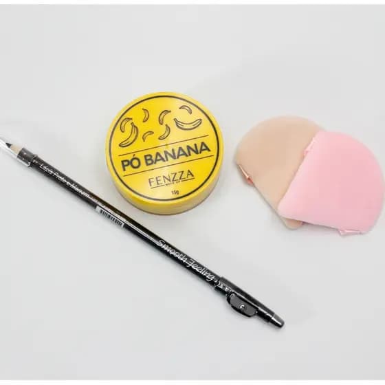 Pó Translucido Banana e Lapis Duo Marrom e Preto para Olhos e Sombracelhas com Apontador Ruby E 2 un de Esponjas Veludo Rose para Maquiagens