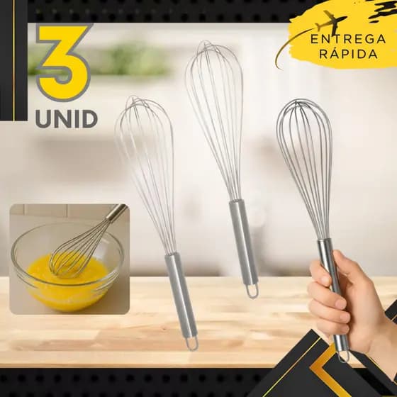 Kit 3, 2,1 - Batedor de Ovos, Fouet Massa Bolo Sobremesa Restaurante Casa Cabo Reforçado Confeitaria