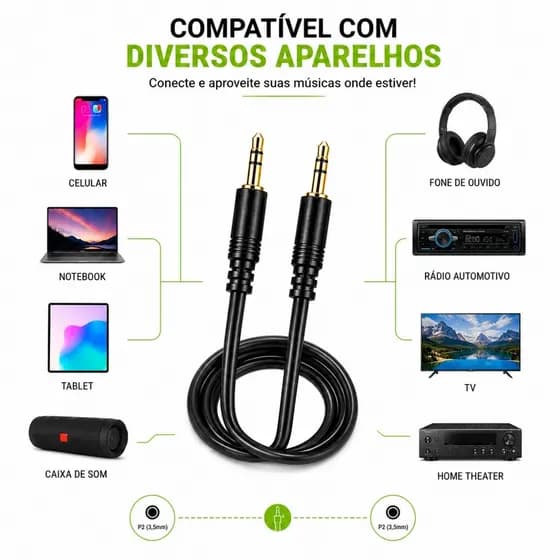 Cabo P2xP2 Ponta Banhada a Ouro AUX 3m Para Celular Notebook Caixa De Som