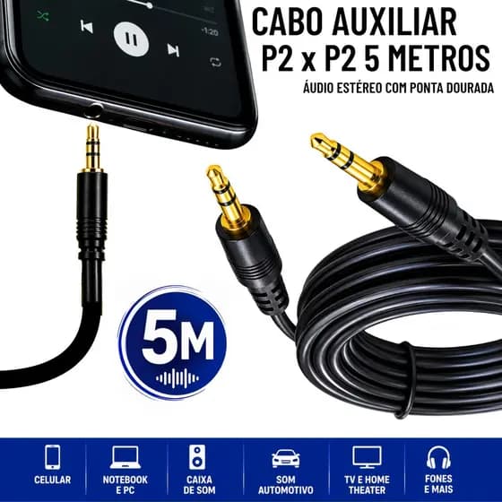 Cabo P2 xP2 5 Metros Som Automotivo Estéreo 3,5mm Ponta Banhada Ouro