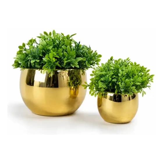 Par de Vasos Decorativos Dourados Mini Com Planta Artificial Kit 2 Para Lavabo Decoração Compacta