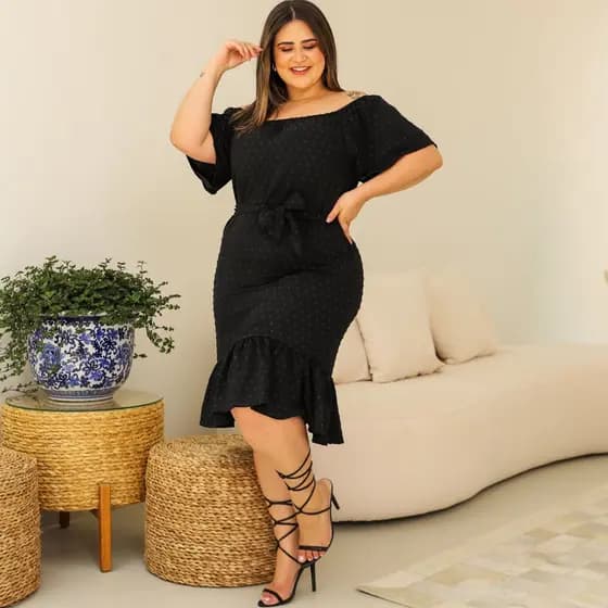 Vestido Feminino Plus Size Ombro a Ombro Midi Elegante Moda Verão 2025 G1 G2 G3