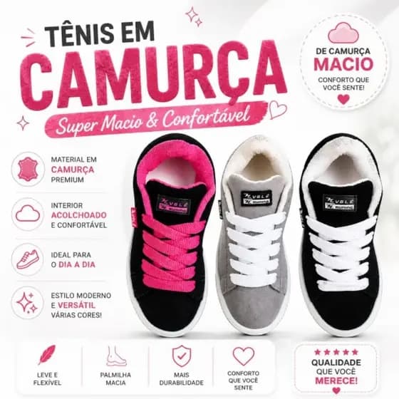 Tênis Infantil em Camurça | Confortável, Leve e Antiderrapante | Preto, Cinza e Preto/Rosa