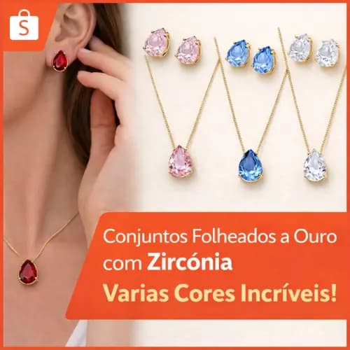 💎 Conjunto Brinco + Colar Dourado de Zircônia Formato Gota – Folheado a Ouro