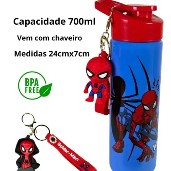 Garrafa Infantil Homem Aranha Azul 700ml com Chaveiro 3D - Leve e Resistente, Impressão de Alta Qualidade