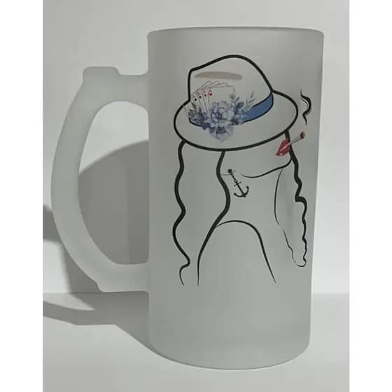 CANECA DE CHOPP CERVEJA E BEBIDAS MARIA DO CAIS VIDRO JATEADO FOSCO 475ML MALANDROS UMBANDA CATIMBO JUREMA