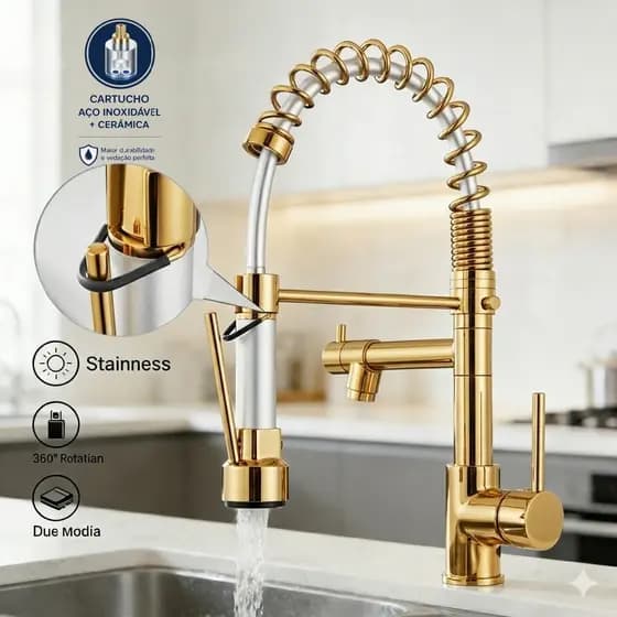 Torneira Gourmet Cozinha Yesop Dourada Inox Misturador Quente e Frio Dupla Função Spray e Jato com Mola