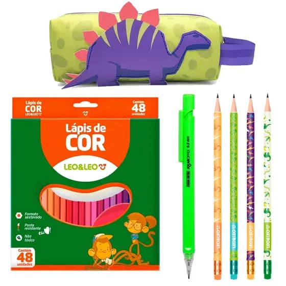 Kit Material Escolar Com Estojo Lapis De Cor 48 Cores Lapiseira Neon Lapis HB - Leo e Leo