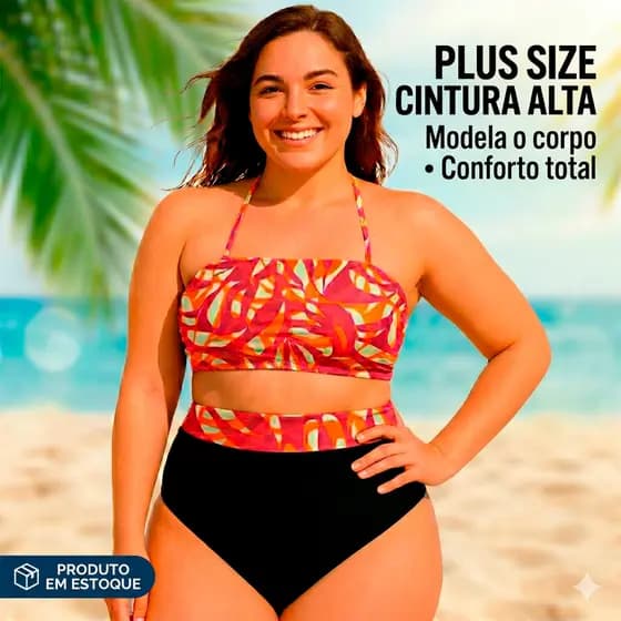 Biquíni Plus Size Hot Pants Cintura Alta com Bojo e Forro | Top Faixa Estampado Sustentação Conforto Moda Praia Feminina