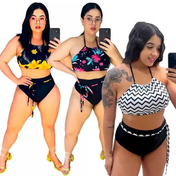 Biquíni Hot Pant Retrô Cintura Alta com Lacinho – Bojo Removível e Forro – Moda Praia Feminina