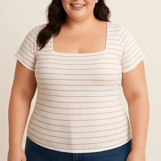 Blusa Feminina Plus Size Gola Quadrada Canelado Premium Com Manga Curta - Blusa Decote Quadrado