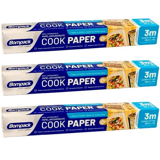 Kit 3 Papel Antiaderente Cook Paper Não Gruda 28cm x 3m Não Gruda Assar Grelhar Alimentos Air Fryer Forno - Bompack