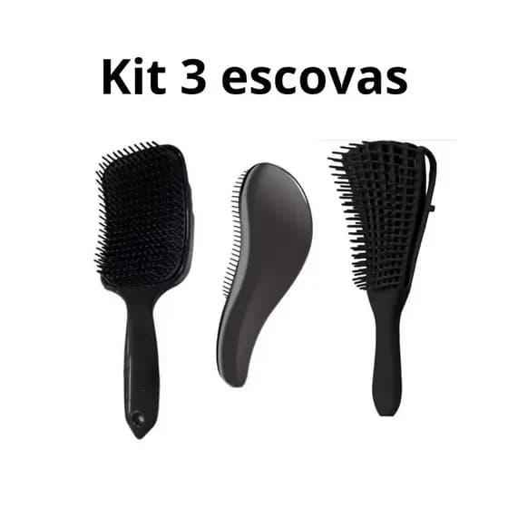 Kit 3 Escovas Para Cabelo Escova Magica Escova Polvo Escova Raquete Flex Kit Econômico