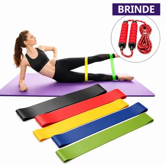Kit Mini Band 5 Faixas Elásticas + Corda de Pular para Academia Treino Funcional