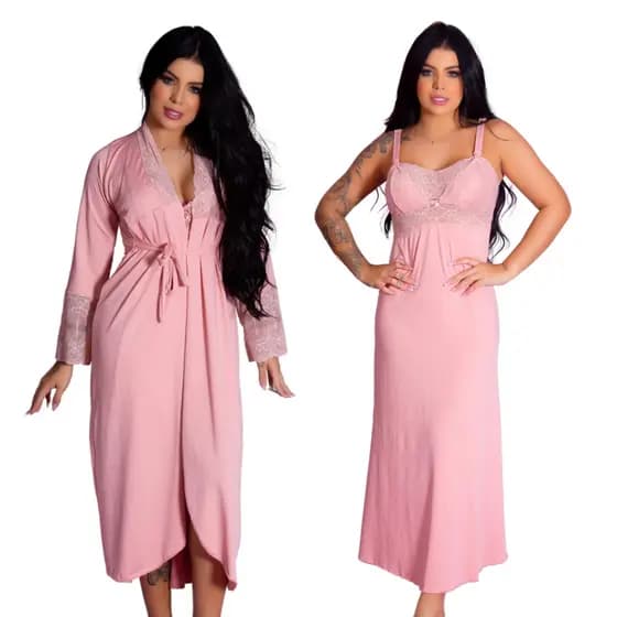 Kit Robe Roupão e Camisola Amamentação Longos Maternidade Gestante Recorte Lateral