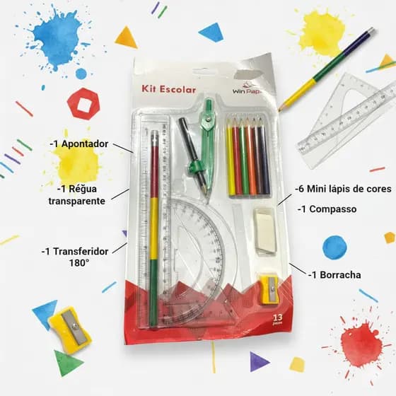 Kit Escolar Geométrico Completo Win Paper – 13 Peças Essenciais - Tudo O Que Você Precisa Em Um Só Lugar