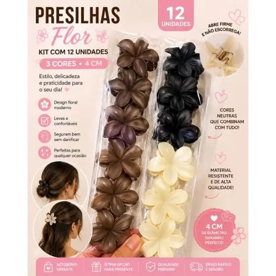 Kit 12 a 36 presilhas flor 4cm pregadeira cabelo